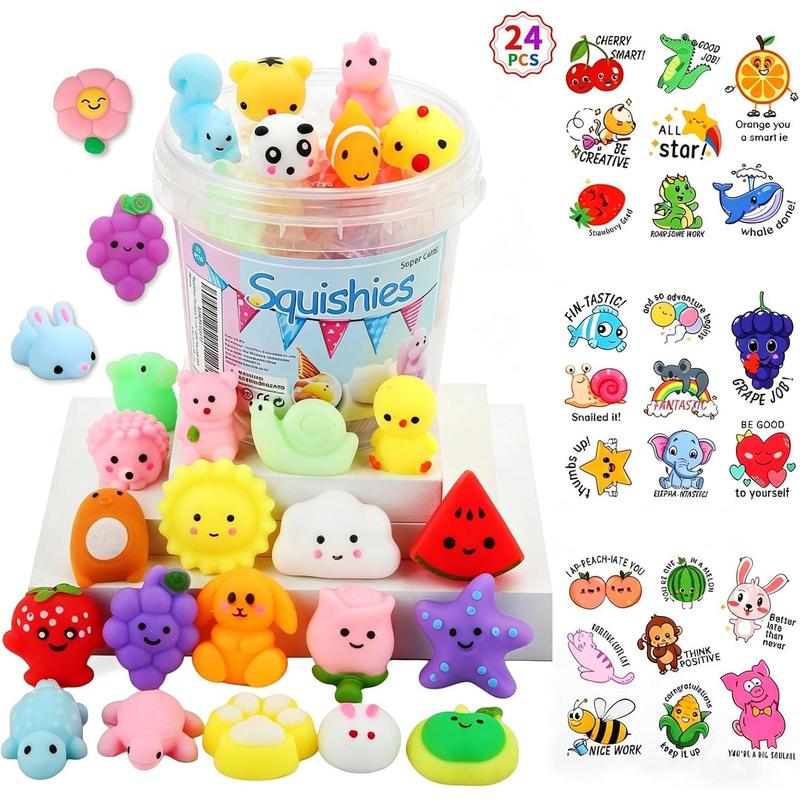 Mochi Animal Squishies 24 Pack with Storage Box, Mini Soft TPR Squeeze Toys for Kids, Birthday Party Favors, Classroom Prizes and Easter Basket Stuffers