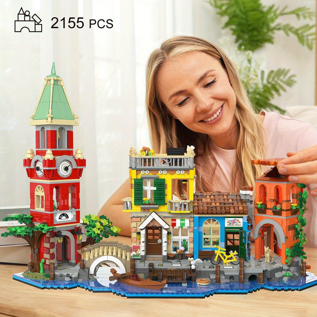 2155-Piece Venice Main Street Building Block Set for Adults - City Riverside Architecture Kit Flower Shop Pizzeria Canal, Home Decor Display Model, Unique Easter Birthday Gift Women Men Ages 14+