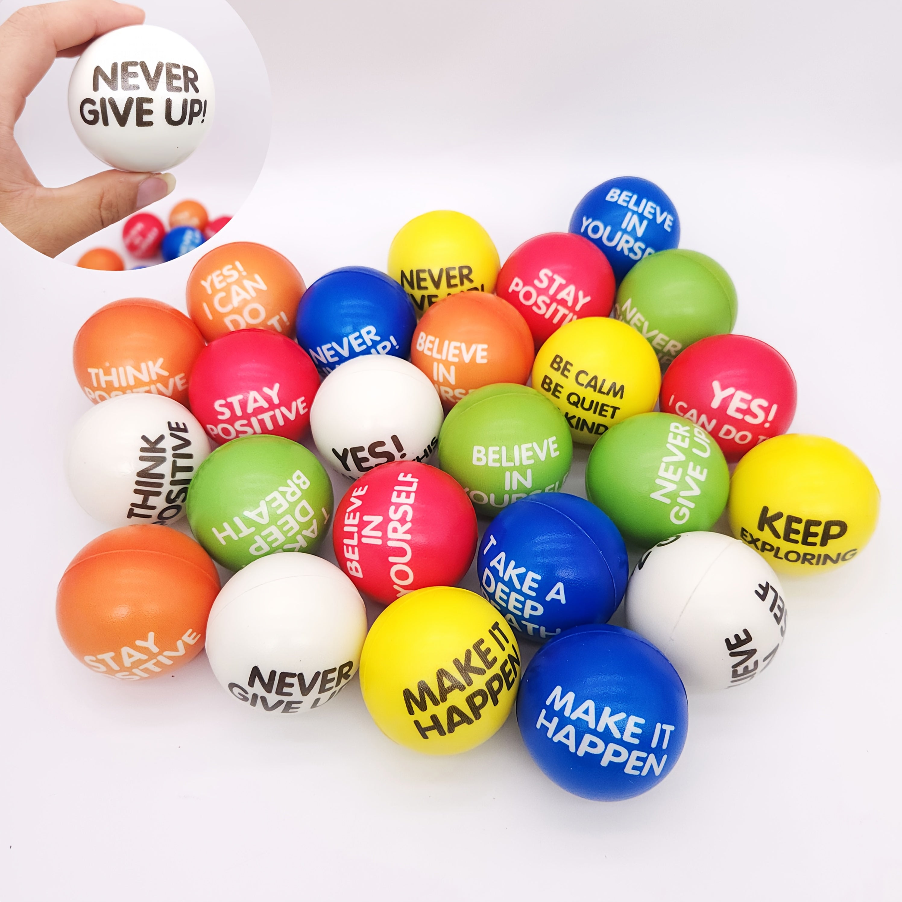 Stress Relief Squeeze Balls 30 Pack 2.48 Inch Inspirational Slogan Sponge Foam – Bulk Hand Fitness Balls for Classroom Rewards, Office Team Building & Party Favors