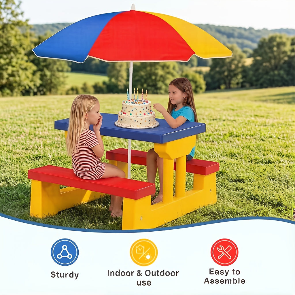 Kids Picnic Table with Umbrella and Bench Set, Seats 4 Children, 2-in-1 Indoor Outdoor Activity Table for Backyard Garden Patio, Safe PP Foldable Umbrella Kids Furniture, Birthday Holiday Gift Ages 2-6