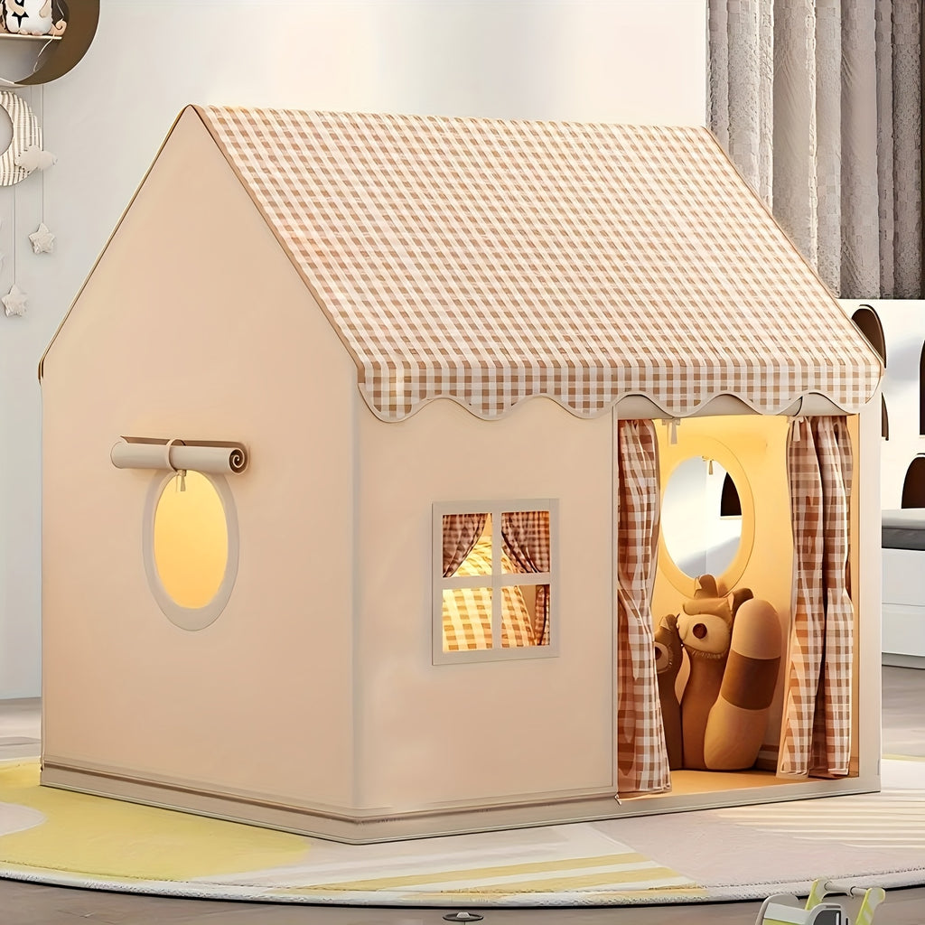 Kids Play Tent Indoor Outdoor, Cabin Style Polyester Playhouse for Boys Girls Ages 3+, Cozy Kids Fort for Role Play Pretend Games Reading Nook Home Decor, Birthday Christmas Holiday Gift (Lights Not Included)