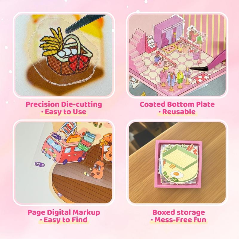 3D Sticker Scene Kit for Kids, 20 DIY Mini Shop and House Sticker Sets with Cute Cartoon Animals and Tweezers for Creative Craft Gifts