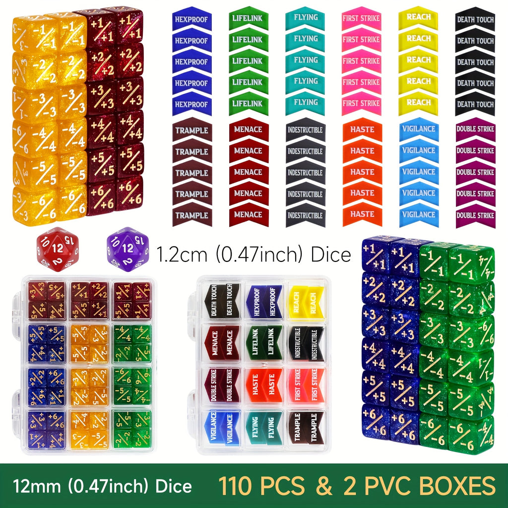 110pcs MTG Counter Dice Set Plus 1 Minus 1 Tokens D20 Keyword Counters 12mm 6-Sided Dice for Magic the Gathering TCG Card Game Accessories Gift
