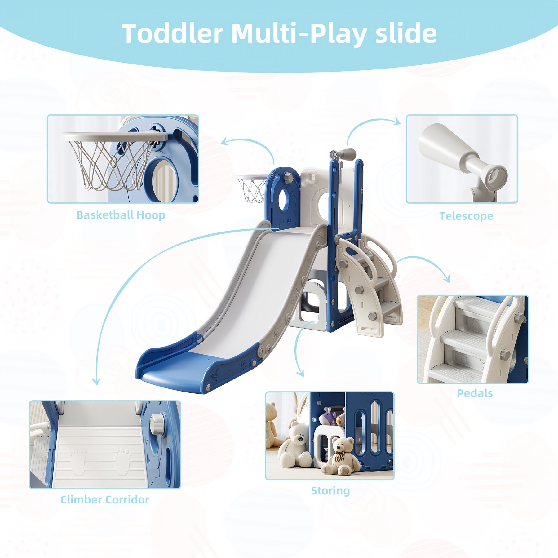 Toddler Slide and Climber Playset Indoor Outdoor for Boys Girls Ages 1.5-6 - L-Shaped Playground with Basketball Hoop Storage Telescope, Easy Assembly Kids Slide Set, Birthday Christmas Gift