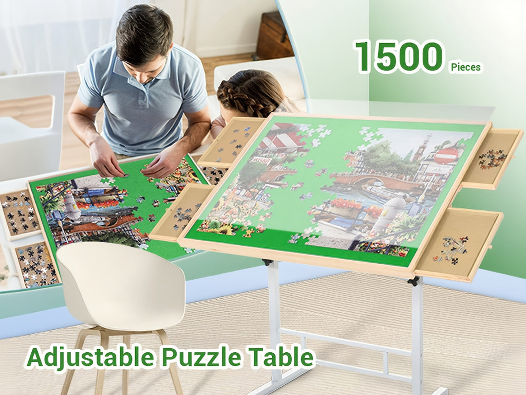 Jigsaw Puzzle Table with 4 Drawers for 1500 Pieces Adjustable Angle & Height 35x26 Inch Tilting Puzzle Board Metal Legs Ergonomic Gift for Adults Neck Back Pain Relief