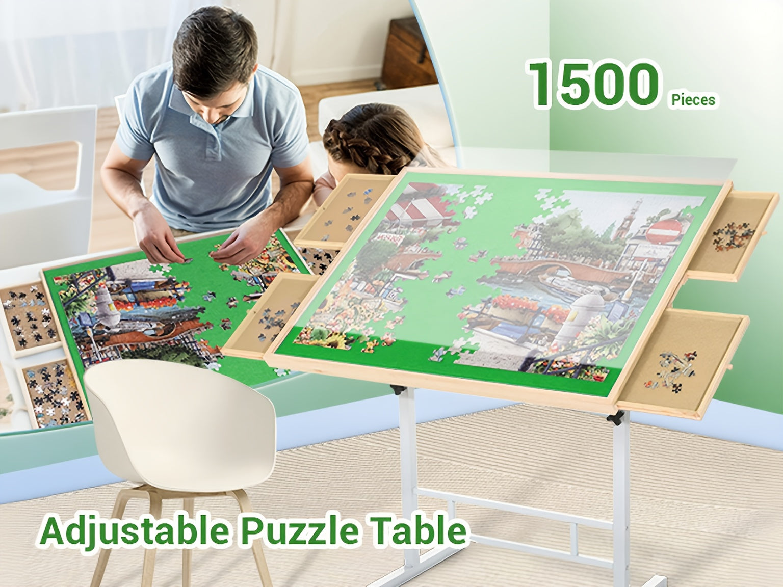 Jigsaw Puzzle Table with 4 Drawers for 1500 Pieces Adjustable Angle & Height 35x26 Inch Tilting Puzzle Board Metal Legs Ergonomic Gift for Adults Neck Back Pain Relief