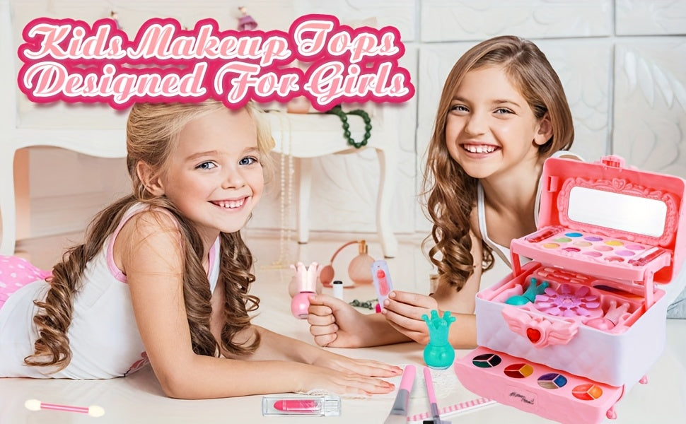 Kids Makeup Kit for Girls 48 Piece Washable Hypoallergenic Eyeshadow Blush Lip Gloss Nail Polish Glitter Princess Pretend Play Cosmetic Set Ages 5-12 Birthday Christmas Gift