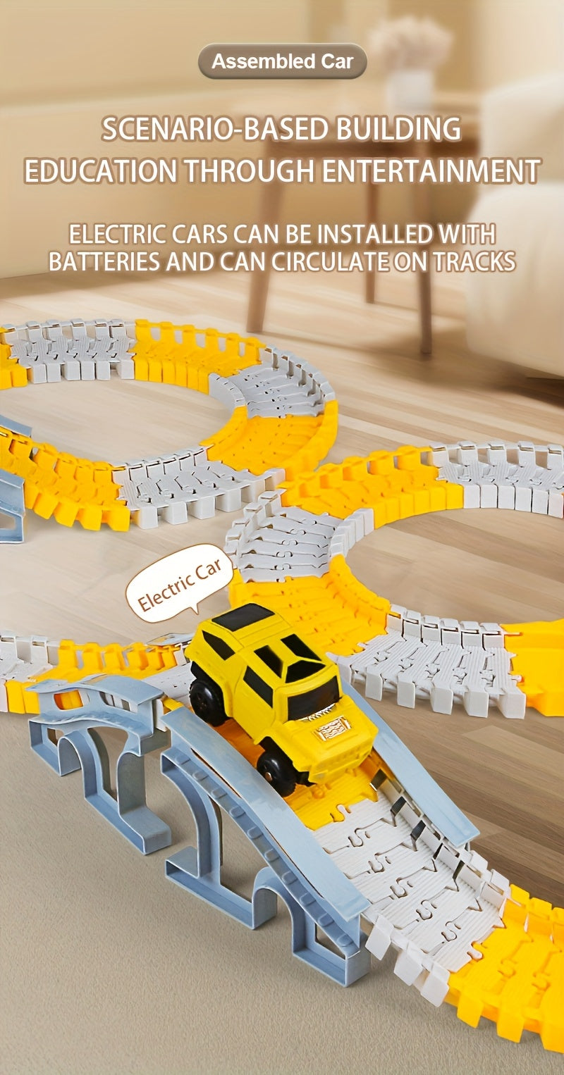 Kids Electric Track Car Toy Set Engineering Race Track with Elevated Bridge Tunnel Roller Coaster Scene Building Assembly – Birthday Gift Boys Girls Ages 3-8