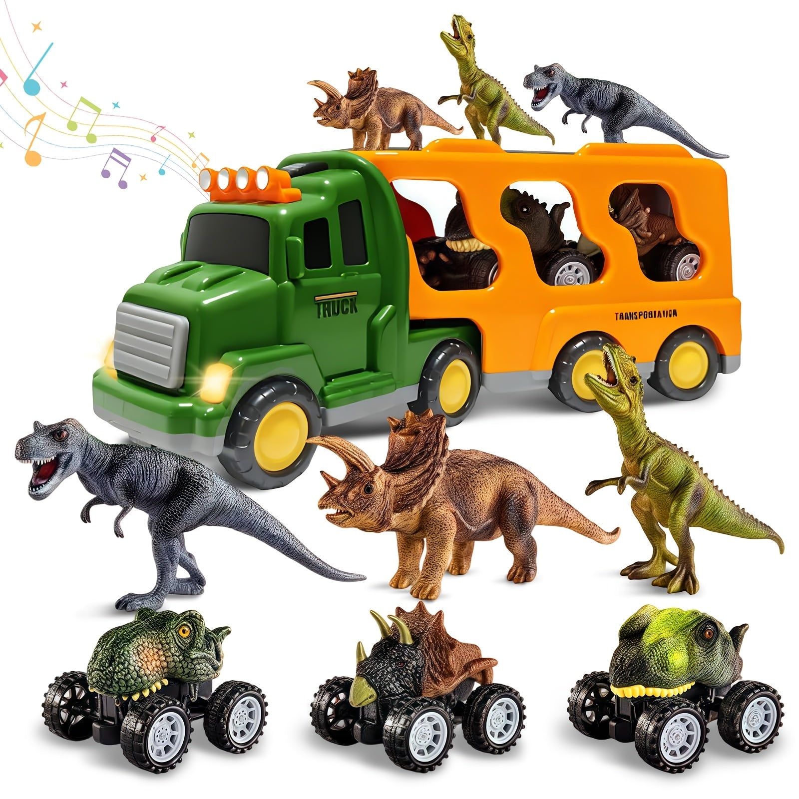 7-in-1 Dinosaur Transport Truck Toy Set with 3 Dino Figures 3 Monster Cars Lights Sounds Friction Push Go for Kids Boys Girls Ages 3 4 5 Birthday Christmas