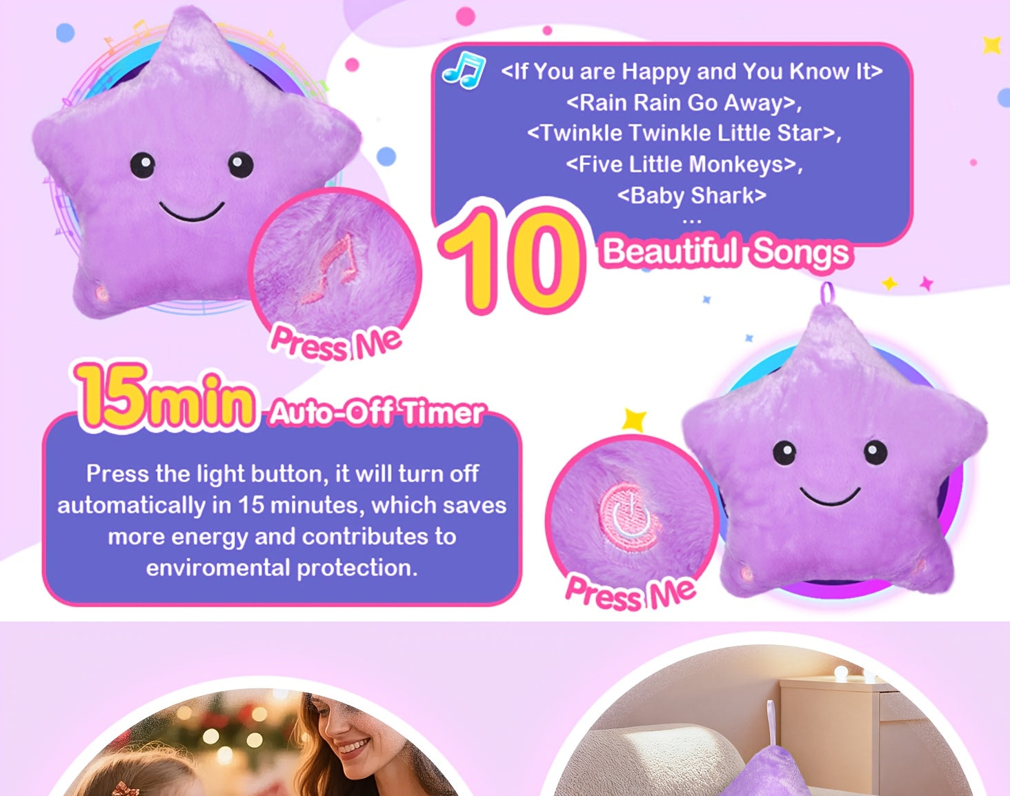 Musical Glowing Purple Star Plush Toy – Lullaby & Soft Starlight Night Light, Cozy Stuffed Star Plushie for Baby Toddler Bedroom, Birthday Baby Shower Holiday Gift for Kids Boys Girls
