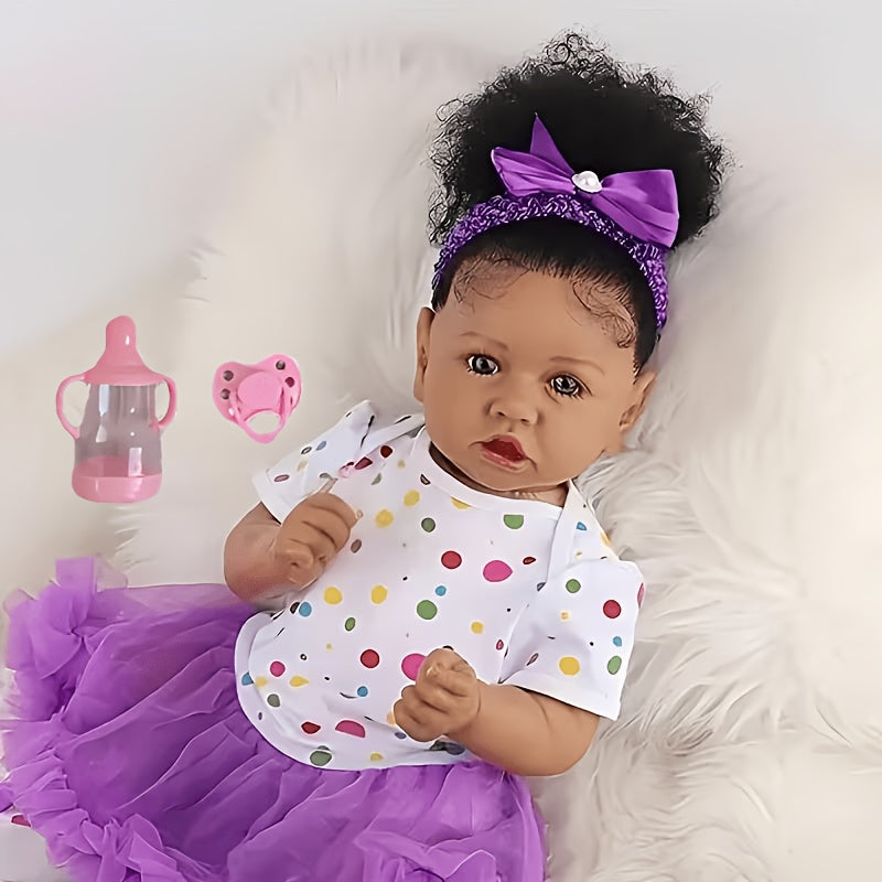 African American Reborn Baby Doll 21.5 Inch – Vinyl Black Doll with Beautiful Painted Pupils Full Set Curly Hair Handmade Hand-Painted Collectible Holiday Gift Ages 3+