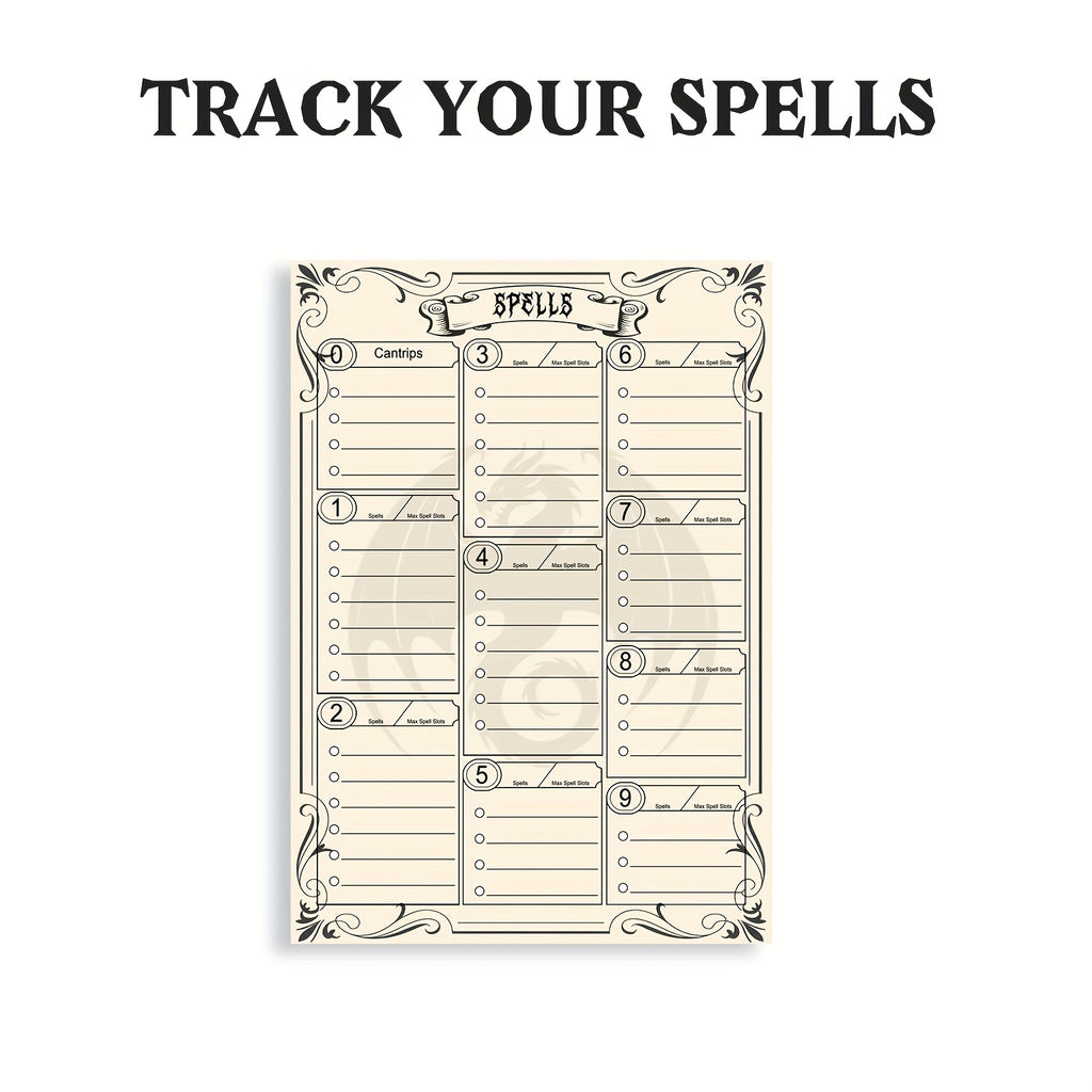 DnD 5e Character Sheet Spell Tracker Journal 60 Pages A5 – 10 Sets of 6 Unique Pages for Dungeons & Dragons Campaigns, RPG Player Character Tracker Gift for Dungeon Masters & Tabletop Gamers