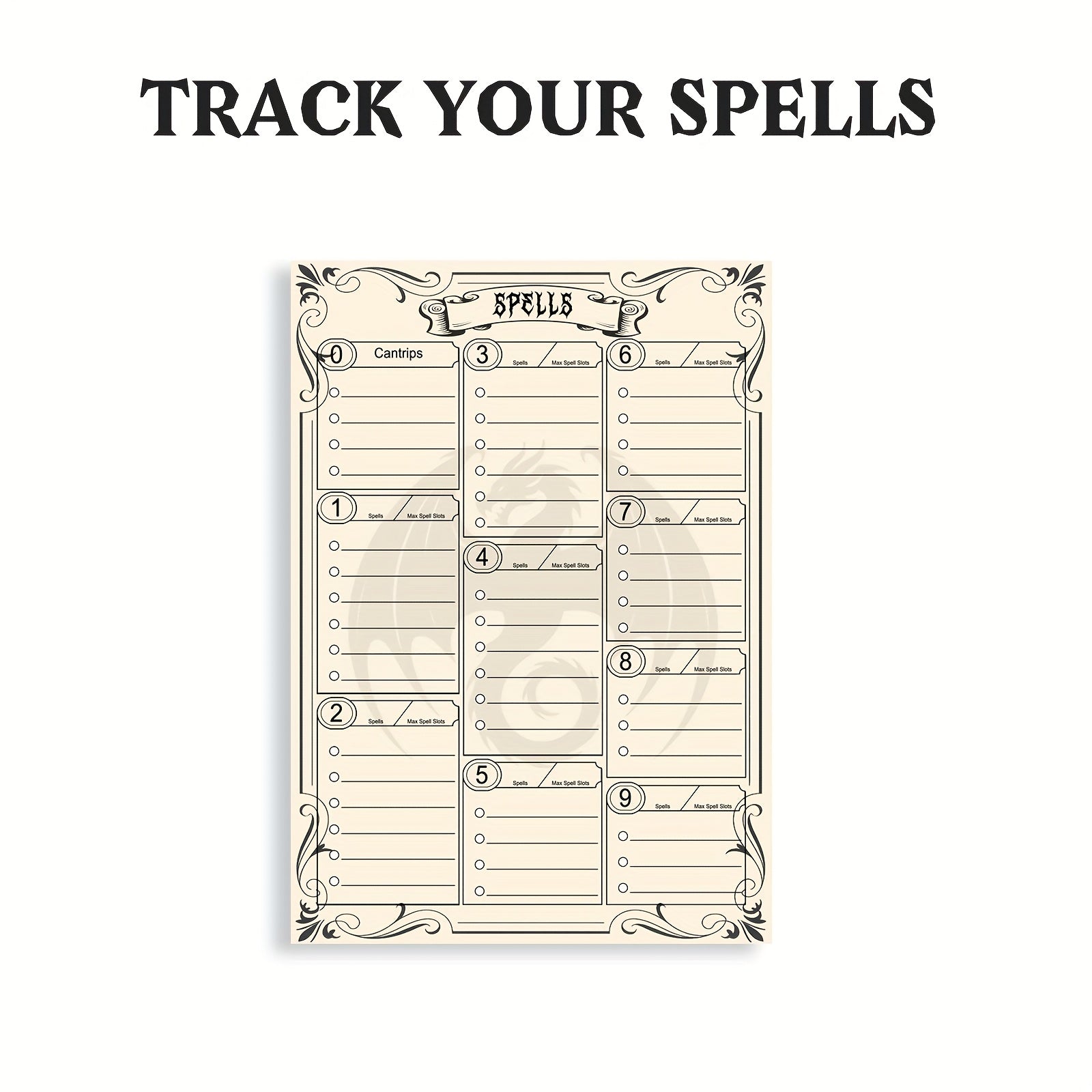 DnD 5e Character Sheet Spell Tracker Journal 60 Pages A5 – 10 Sets of 6 Unique Pages for Dungeons & Dragons Campaigns, RPG Player Character Tracker Gift for Dungeon Masters & Tabletop Gamers