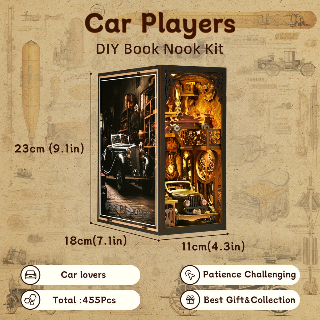 DIY Book Nook Miniature Kit with LED – Car Players 3D Wooden Puzzle Bookshelf Insert Decor Vintage Alley Bookend Model Building Set Birthday Gift Home Room Decor