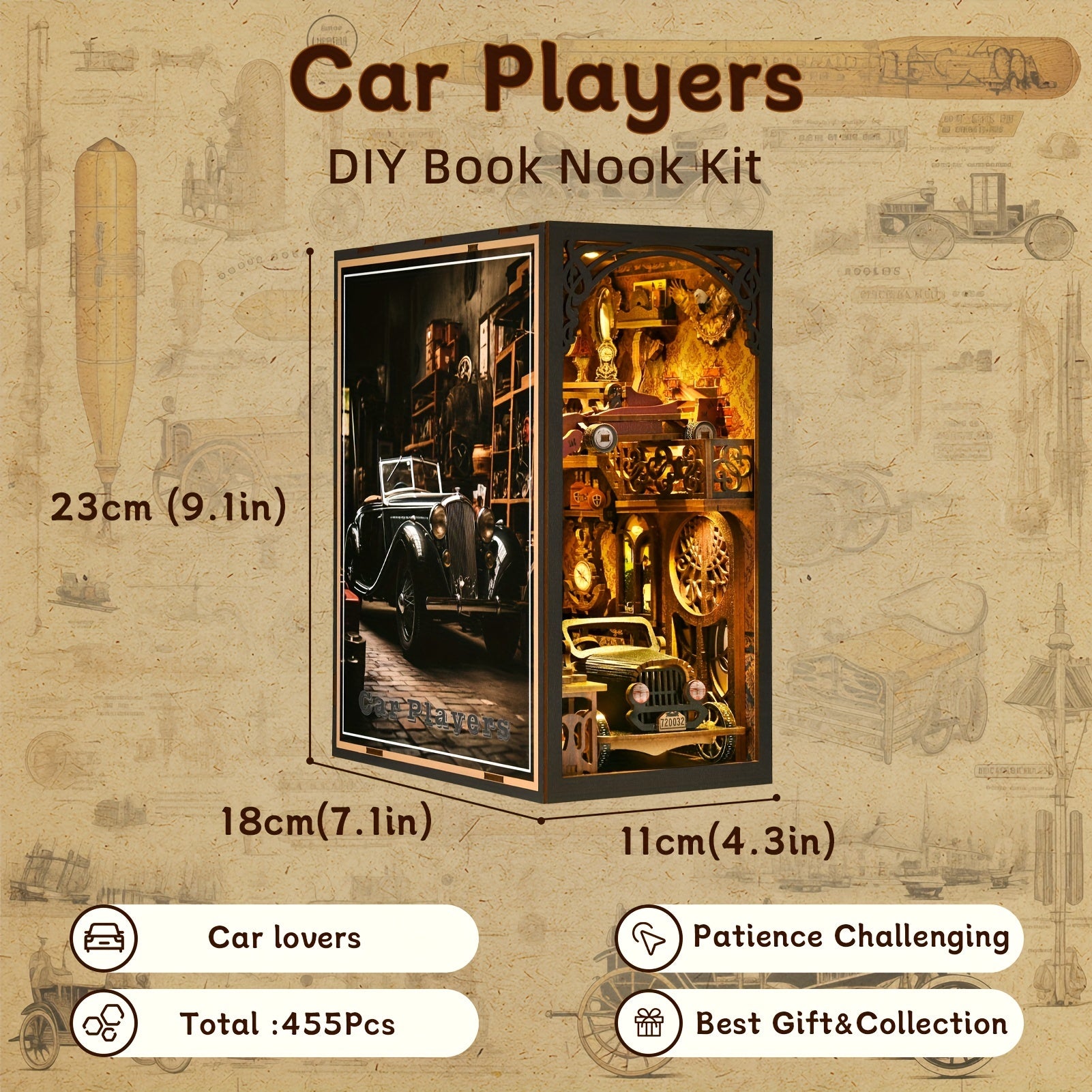 DIY Book Nook Miniature Kit with LED – Car Players 3D Wooden Puzzle Bookshelf Insert Decor Vintage Alley Bookend Model Building Set Birthday Gift Home Room Decor