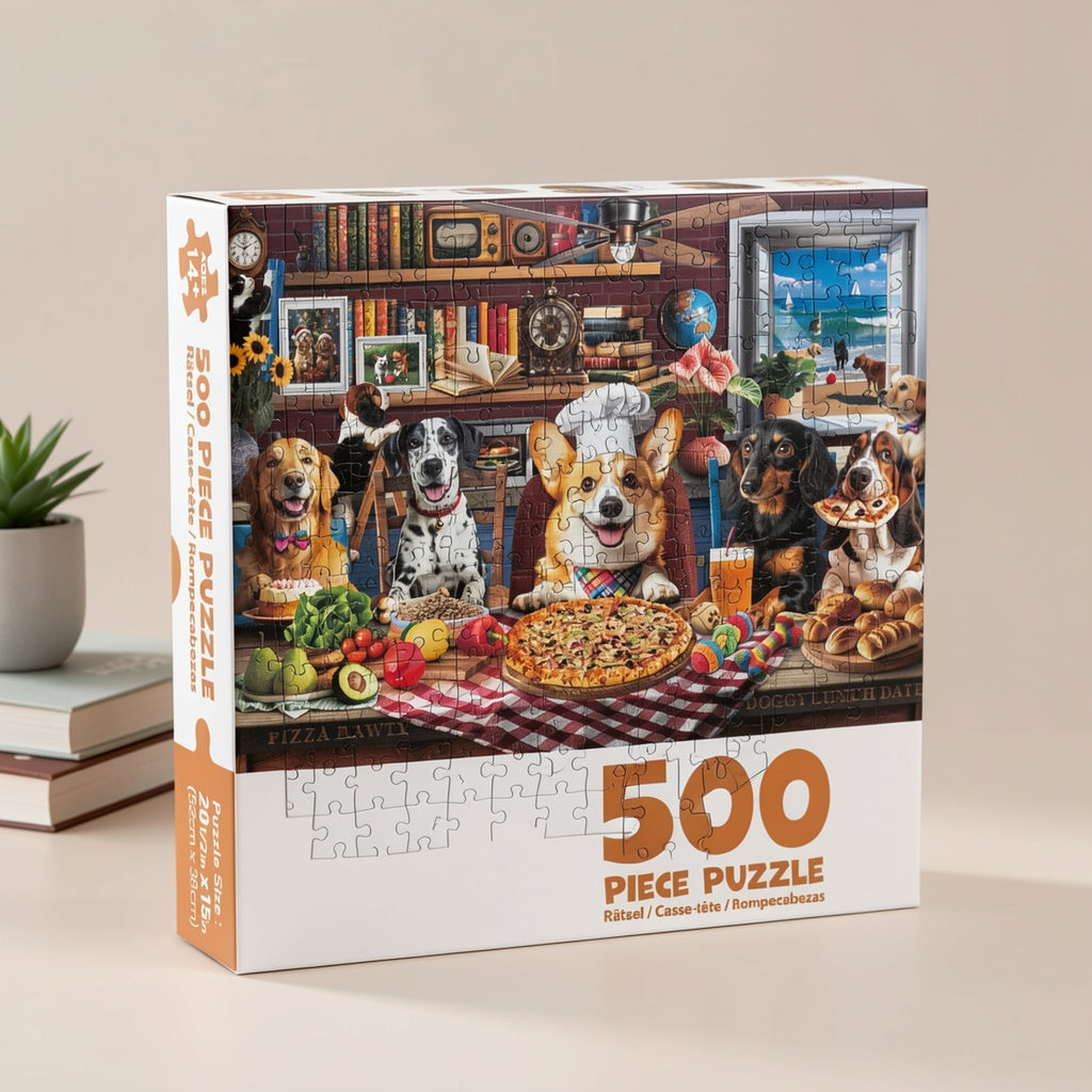Dog Jigsaw Puzzles for Adults 500 & 1000 Pieces – Funny Dogs Dinner Party Theme, Letters on Back, Thick Durable Pieces, Family Game Night Gift for Dog Lovers Men Women