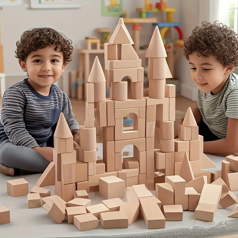 Wooden Building Blocks for Kids 100 Piece Solid Beech Wood Set – Unpainted Natural Stacking Blocks Ages 3-12, STEM Logical Thinking Educational Toy, Montessori Castle Puzzle Gift Boys Girls