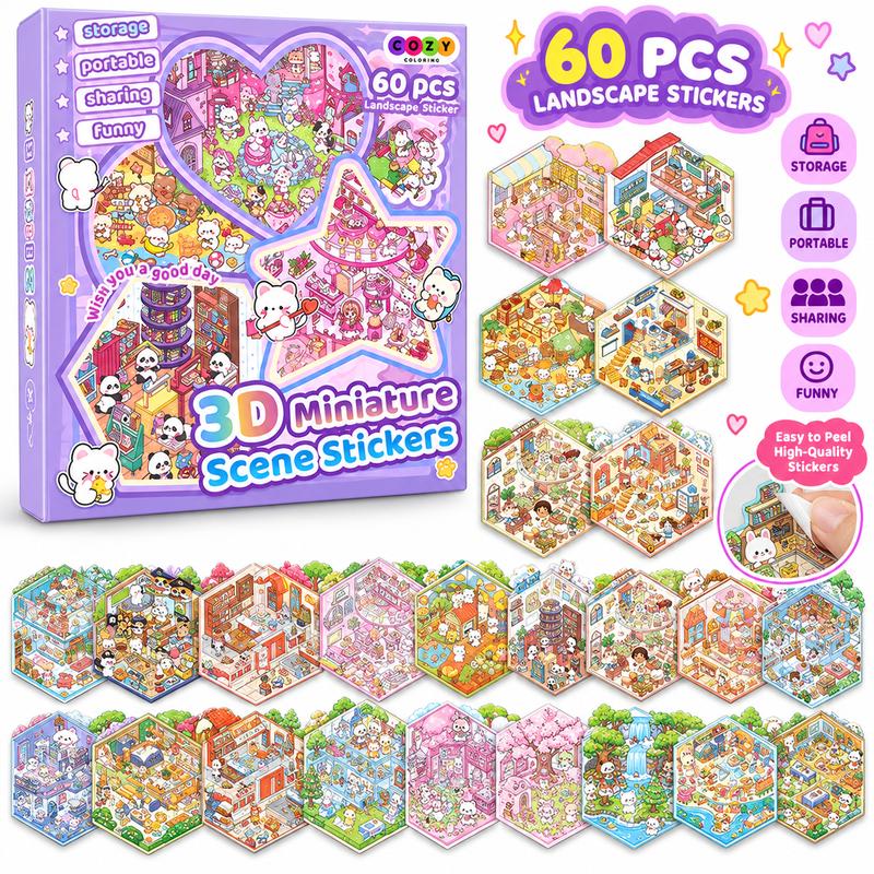 3D Sticker Scene Kit for Kids, 20 DIY Mini Shop and House Sticker Sets with Cute Cartoon Animals and Tweezers for Creative Craft Gifts