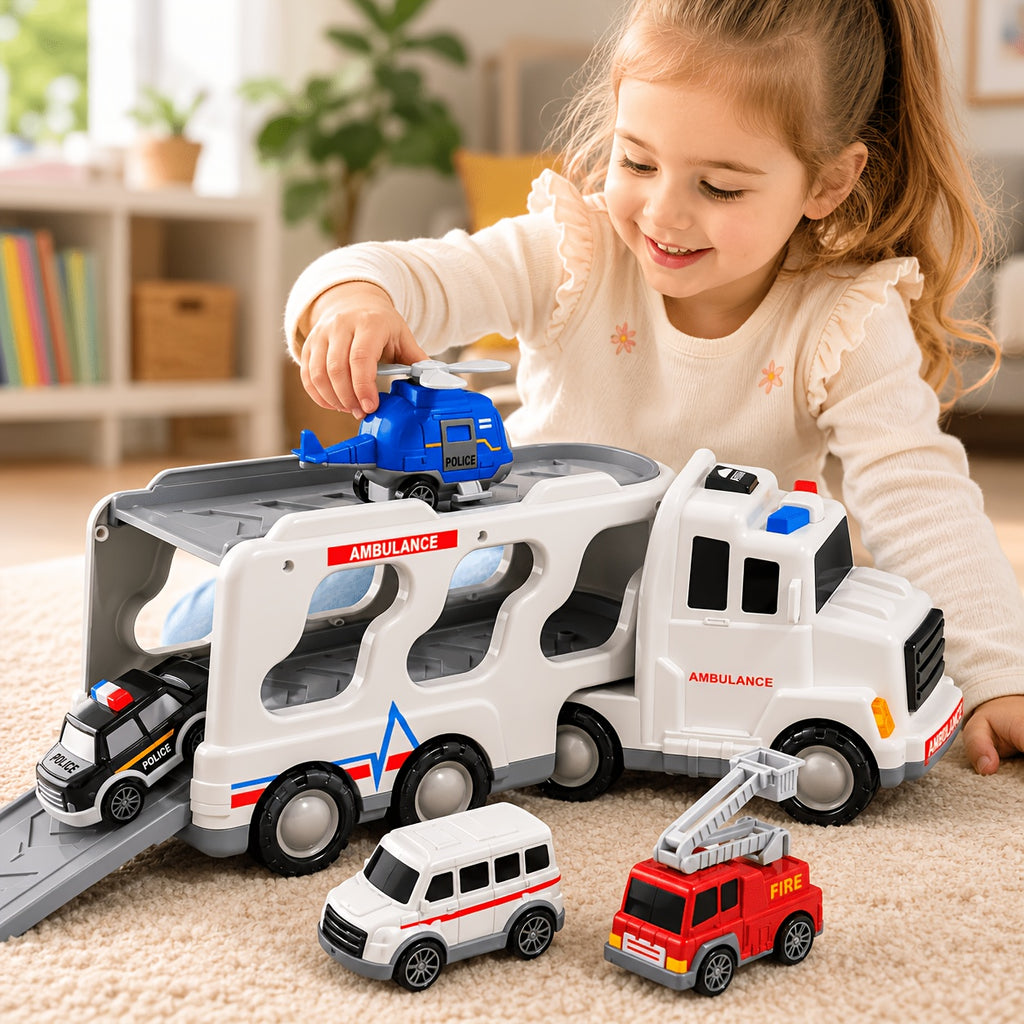5-in-1 Emergency Vehicle Toy Set with Lights & Sounds – Friction Power Ambulance, Police Car, Fire Truck & Rescue Helicopter for Kids
