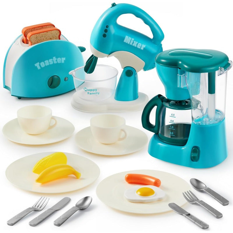 Kids Play Kitchen Toy Set with Coffee Maker, Mixer & Toaster – 25-Piece Pretend Play Appliance Toys with Utensils Plates Cups for Toddlers Ages 3+ Birthday Gift
