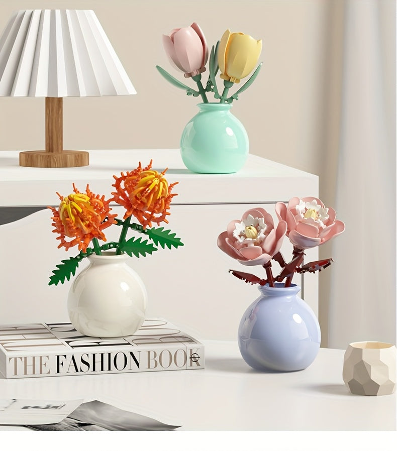 Flower Bouquet Mini Building Blocks 120pcs DIY Set - Eternal Green Plant Desk Decoration, Stress Relief Creative Toy, Easter Birthday Gift for Kids