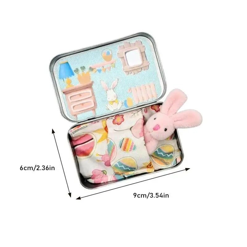 Mini Bunny Adoption Set Pocket Dollhouse Bunnies with Accessories in Decorative Tin Box – 4 Styles Easter Basket Gift Miniature Collector Toy Ages 3+