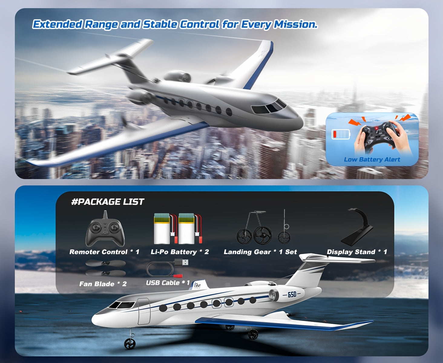 G650 RC Plane Private Jet – 3-Channel 2.4GHz 6-Axis Gyro Stabilized Glider with 20-Min Flight Time, EPP Foam, Display Stand for Beginners & Adults