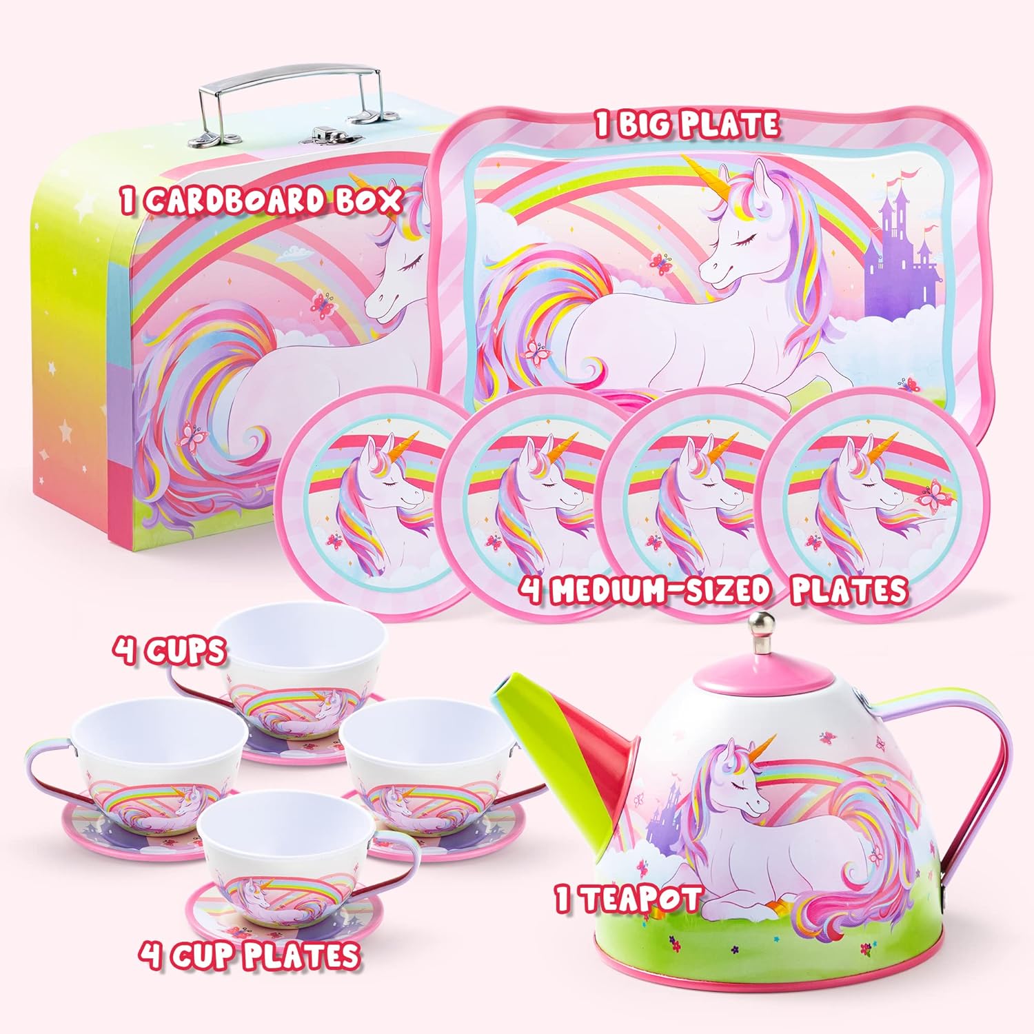 Unicorn Tea Party Set for Girls 15 Pcs Pretend Play Pink Tin Teapot Set with Carrying Case Toddler Tea Set Birthday Christmas Gift Ages 3 and Up