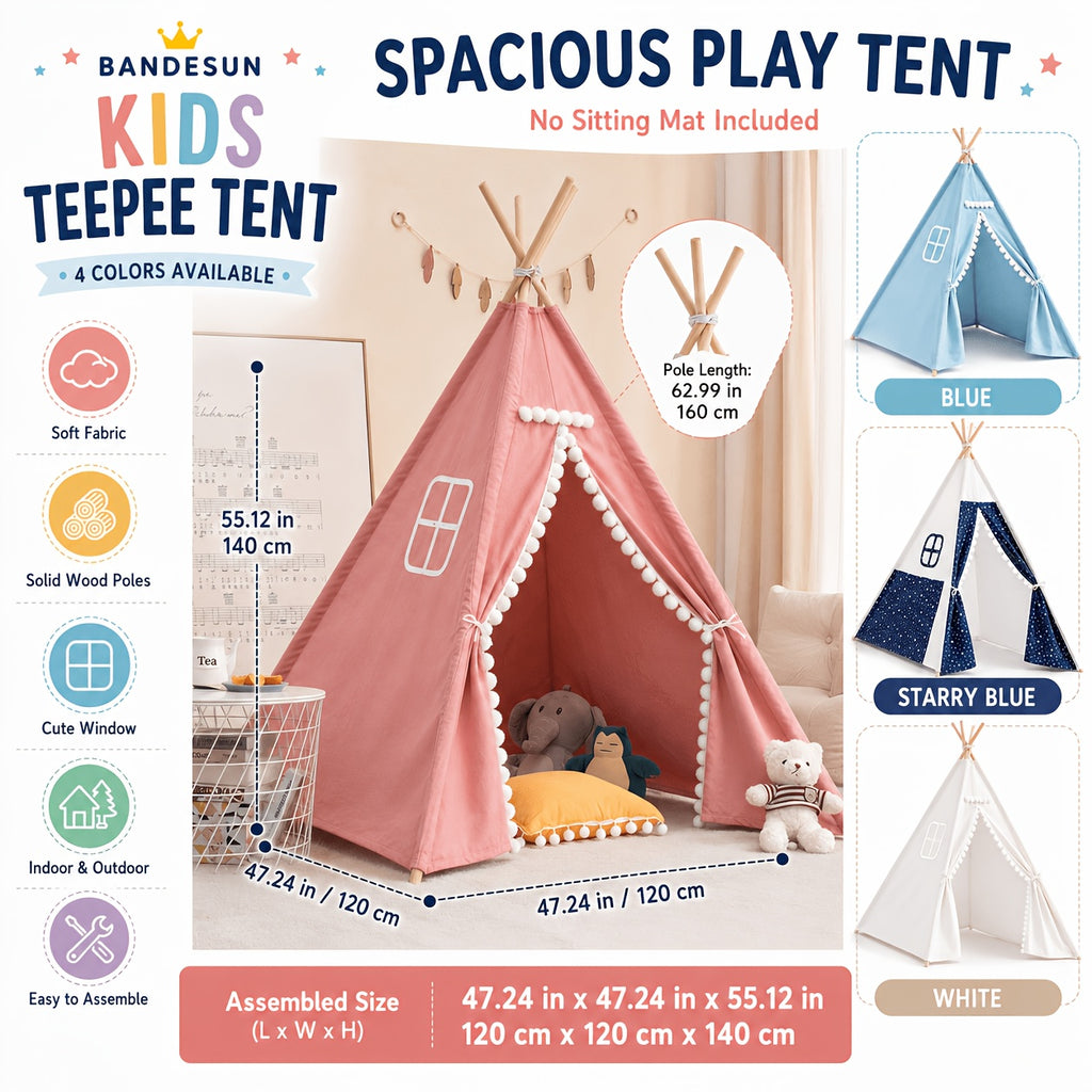Kids Teepee Tent for Girls Boys, Indoor Outdoor Play Tent with Washable Fabric, Nordic Princess Conical Playhouse for Bedroom Backyard, Birthday Christmas Gift Ages 3+ (No Padding)