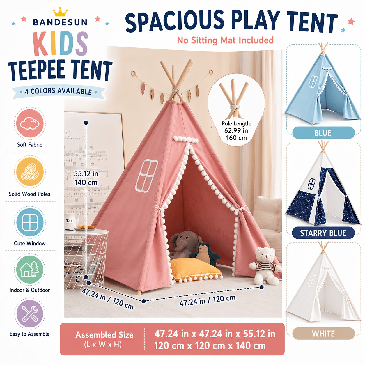 Kids Teepee Tent for Girls Boys, Indoor Outdoor Play Tent with Washable Fabric, Nordic Princess Conical Playhouse for Bedroom Backyard, Birthday Christmas Gift Ages 3+ (No Padding)