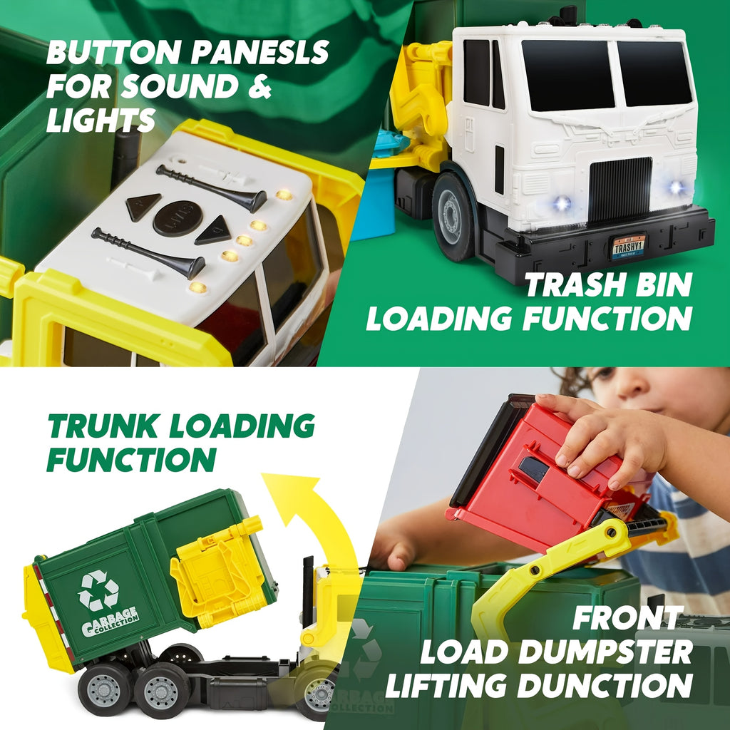 Garbage Truck Toy with Lights & Sounds – 16" Large Friction Powered Truck, Dumpster & Trash Bins, Garbage Sorting Learning Cards, Front-Load Dump Action, Birthday Gift for Kids Ages 3+
