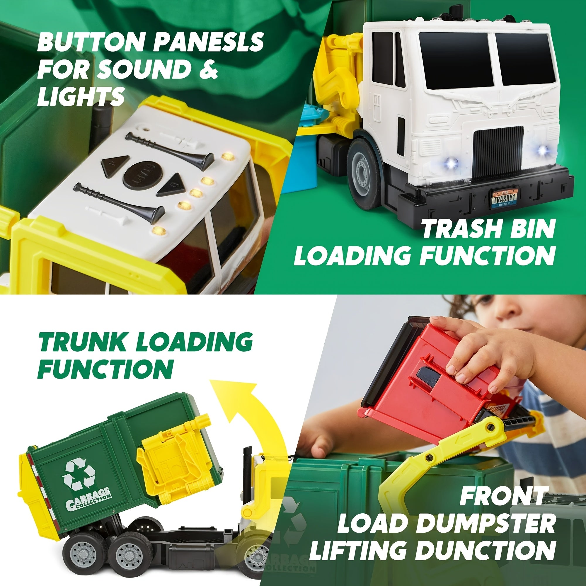 Garbage Truck Toy with Lights & Sounds – 16" Large Friction Powered Truck, Dumpster & Trash Bins, Garbage Sorting Learning Cards, Front-Load Dump Action, Birthday Gift for Kids Ages 3+