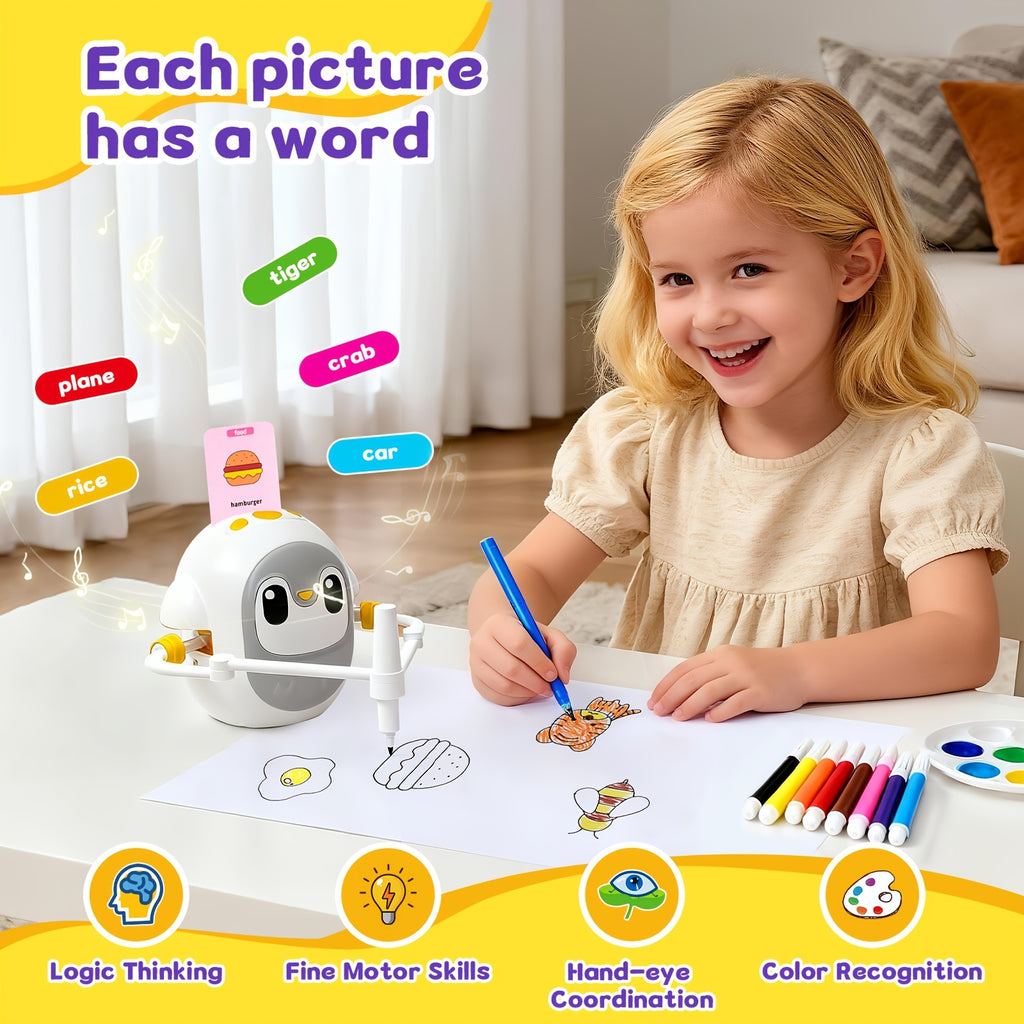 Drawing Robot for Kids with 200 Learning Cards & 12 Color Pens – Penguin Art Robot Toy, Interactive STEM Educational Drawing Toy for Boys Girls Ages 3+, USB Charging