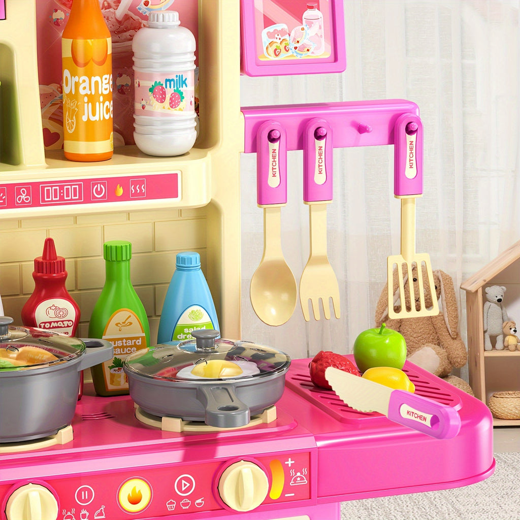 Kids Play Kitchen Playset Pretend Play Kitchen Set with Lights Sounds Toddler Cooking Toy Interactive Indoor Playset Birthday Christmas Gift Ages 3 and Up