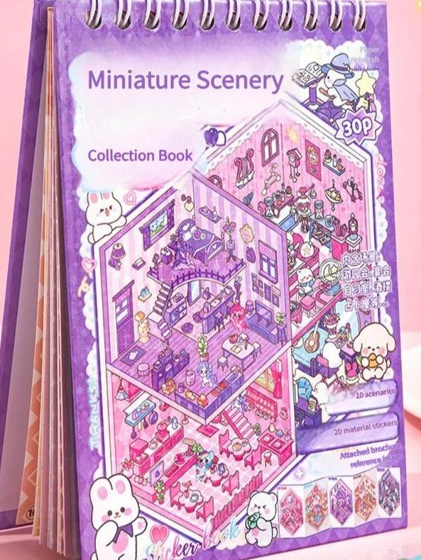 3D Sticker Book for Adults, DIY Miniature House and Shop Scenes with Cute Cartoon Animals, Isometric Sticker Craft with Tweezers