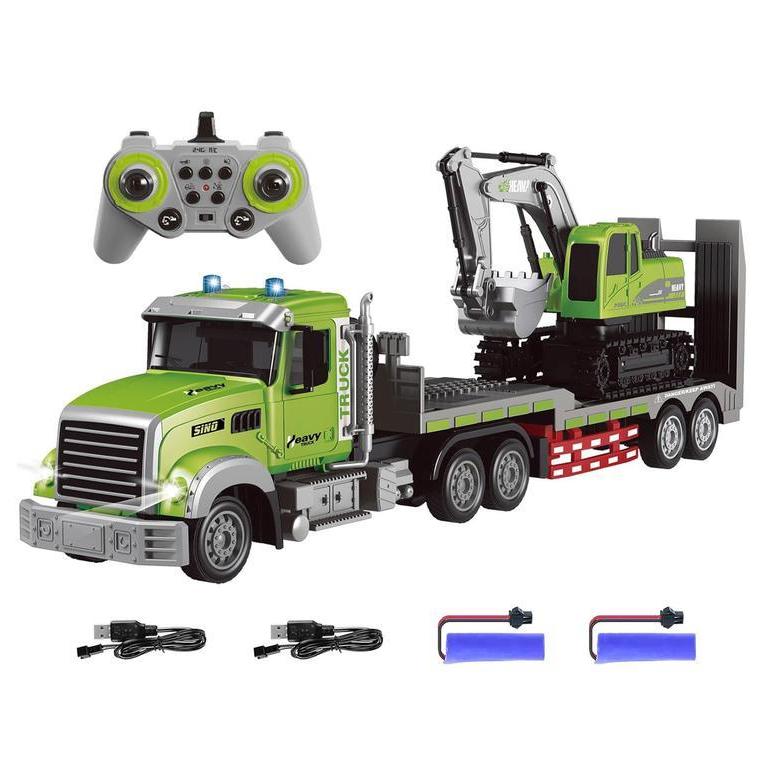 RC Flatbed Truck and Excavator Toy Set, 1:12 Scale 2.4GHz Rechargeable Construction Transporter with Lights, Sounds and Movable Digging Arm for Kids