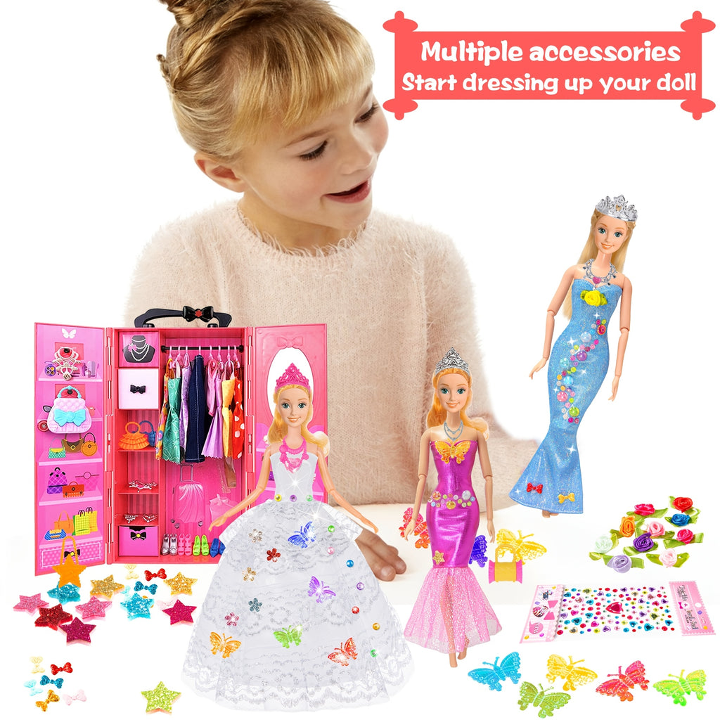 139pcs Doll Closet Wardrobe Playset for 11.5 Inch Fashion Dolls – Princess & Mermaid Dresses, Shoes, Hangers, Handbags, DIY Stickers & 50+ Accessories, Complete Fashion Gift for Girls Ages 3+