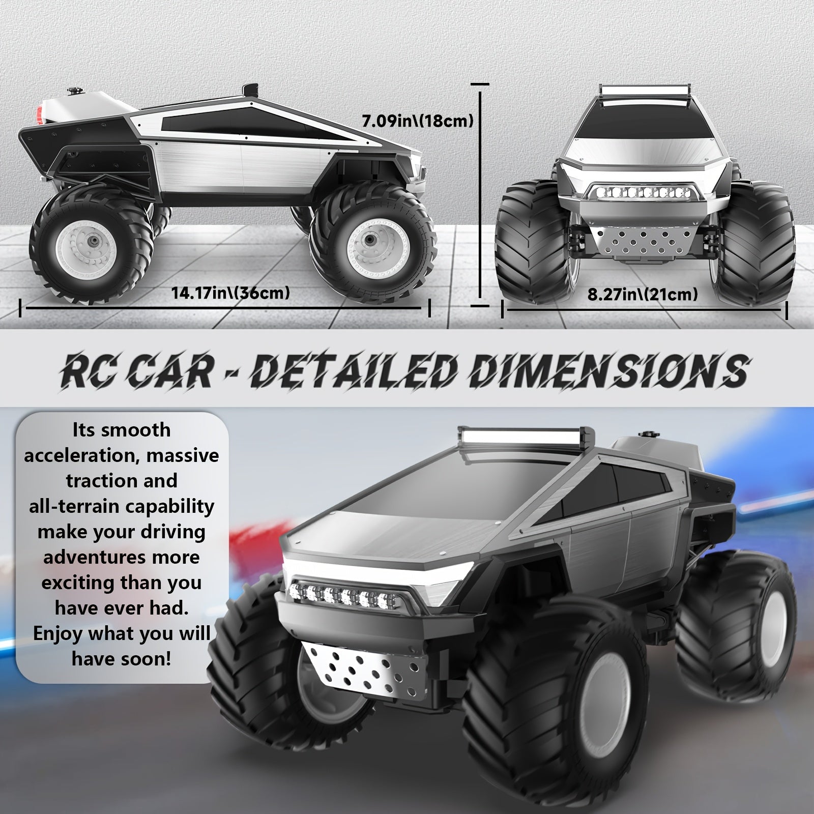 1:12 RC Monster Truck 4WD All-Terrain 2.4GHz Remote Control Car LED Lights Sound Music Ergonomic Grip Cybertruck Pickup Style Off-Road Kids Boys Birthday Christmas Gift