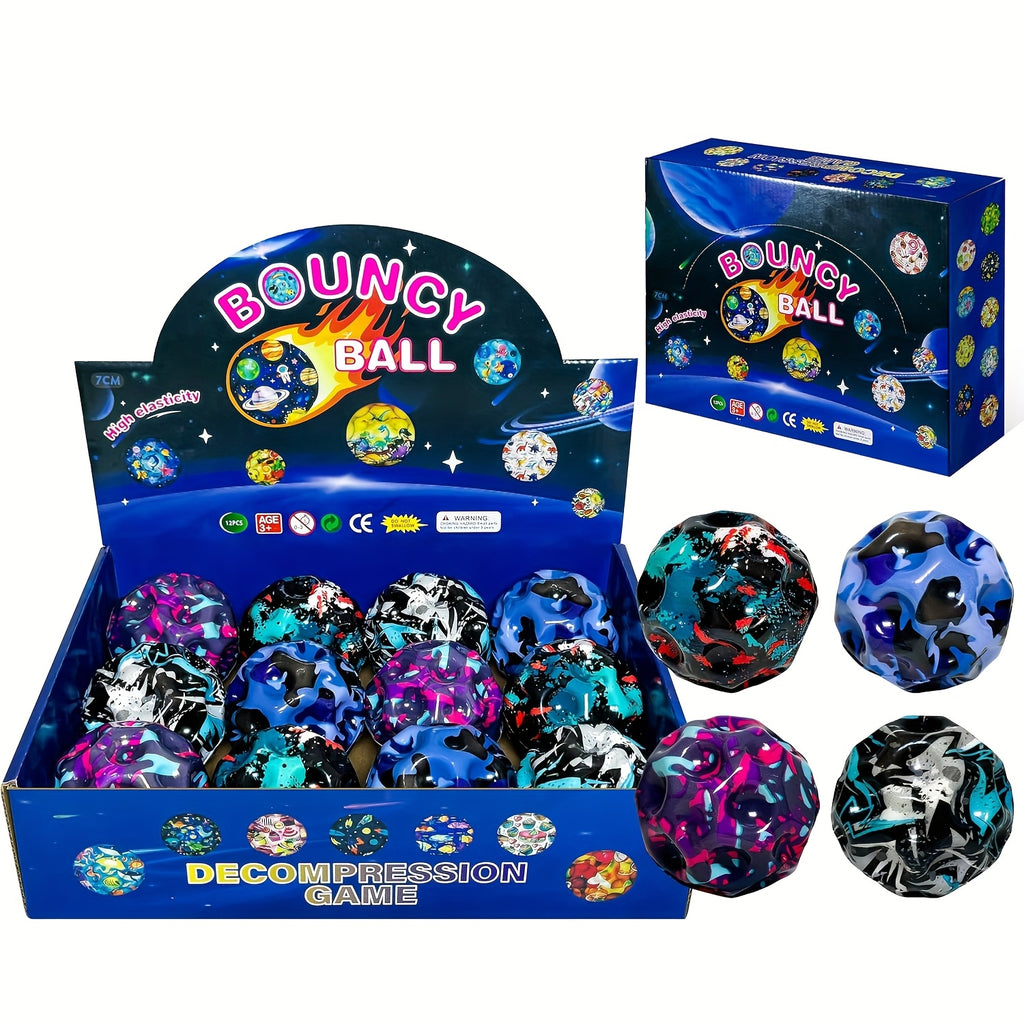 Space Moon Bouncy Balls 12-Pack Extreme High Bounce - Super Grippy Hand-Eye Coordination Toy Kids Outdoor Indoor Play Party Favor Multicolor