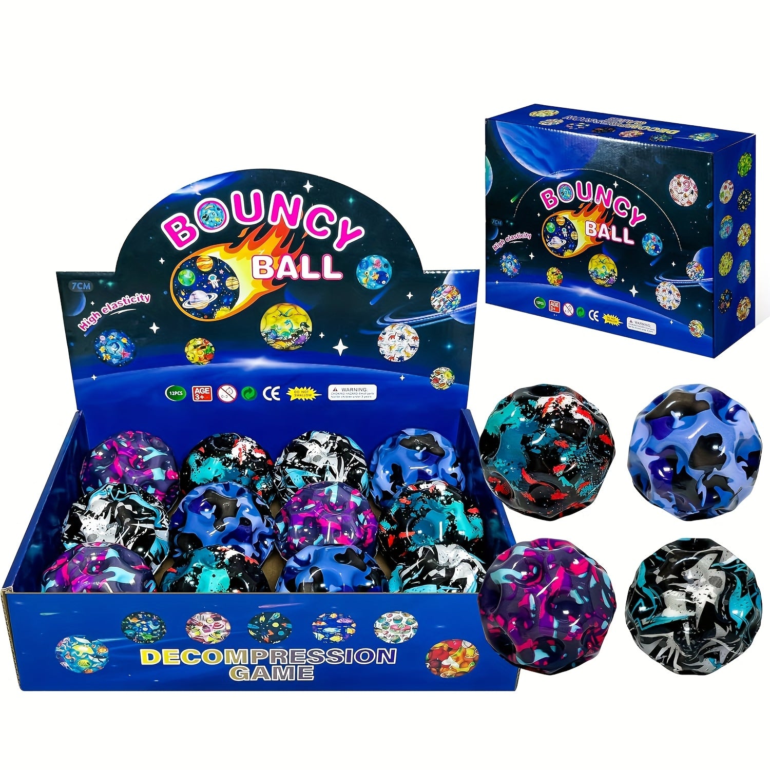 Space Moon Bouncy Balls 12-Pack Extreme High Bounce - Super Grippy Hand-Eye Coordination Toy Kids Outdoor Indoor Play Party Favor Multicolor