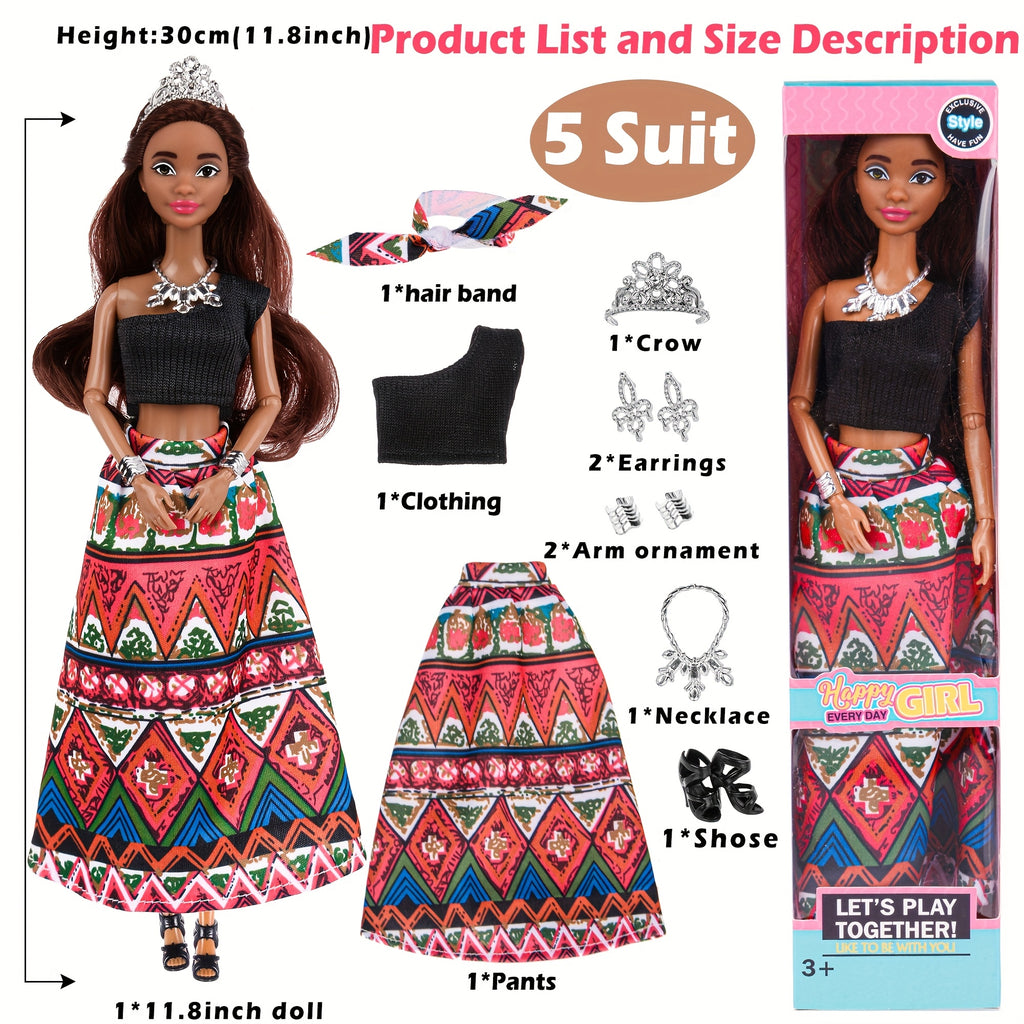 African American Curly Hair Fashion Dolls 6 Pack – 11.5 Inch Bohemian Style Dolls with Removable Outfits, Headscarf & Necklace, Diverse Doll Set Gift for Girls Ages 3+