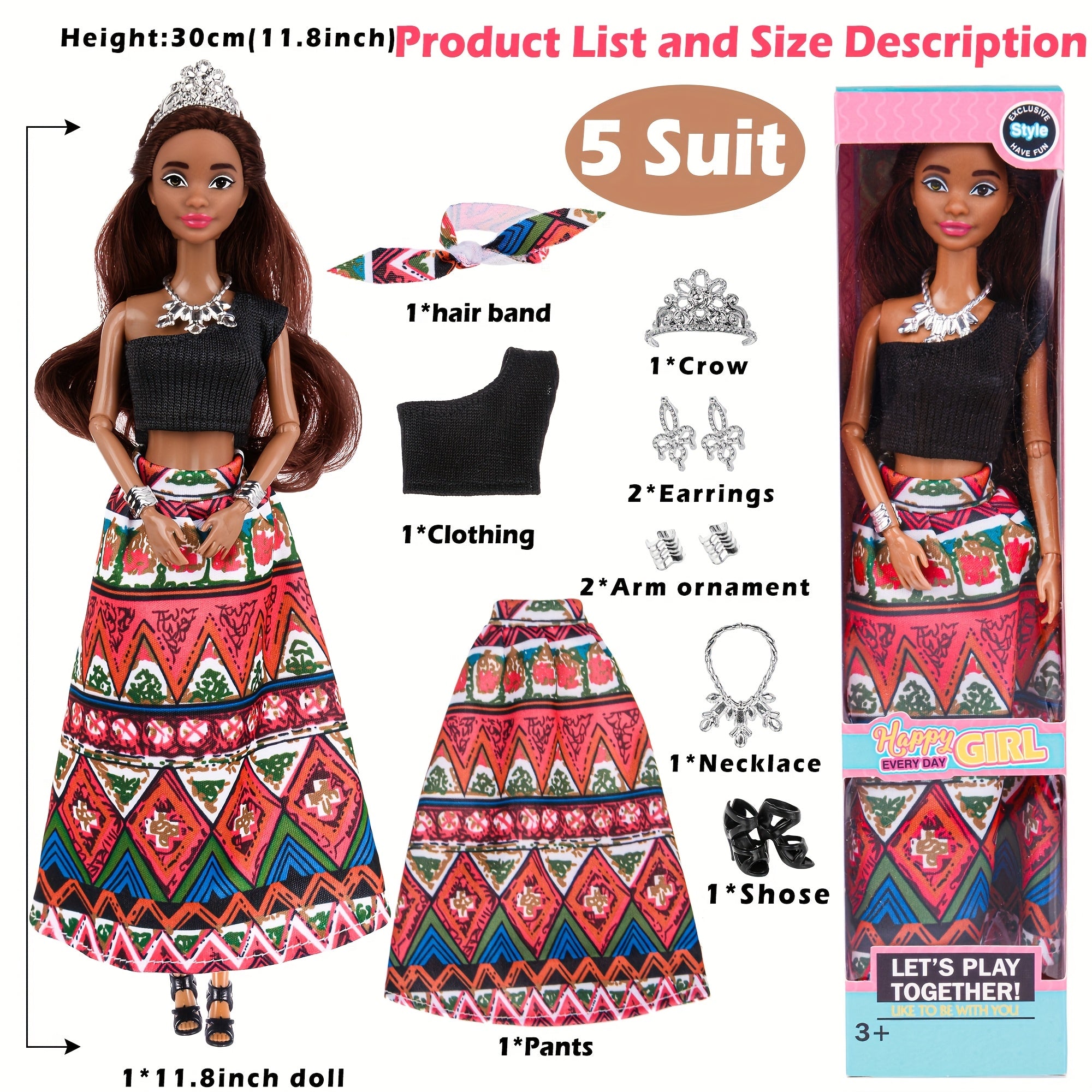 African American Curly Hair Fashion Dolls 6 Pack – 11.5 Inch Bohemian Style Dolls with Removable Outfits, Headscarf & Necklace, Diverse Doll Set Gift for Girls Ages 3+