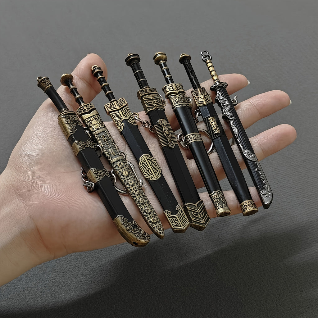 Metal Miniature Sword Set 7pcs with Sheaths Ancient Military Fantasy Pendant Collectible Anime RPG Game Fan Gift for Teens Adults Ages 14+