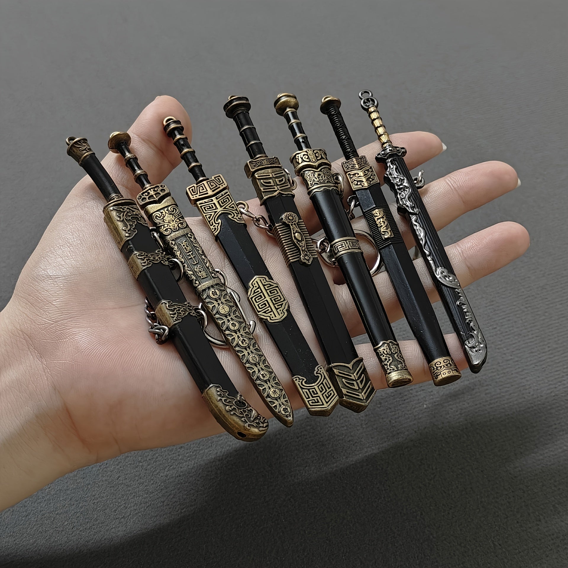 Metal Miniature Sword Set 7pcs with Sheaths Ancient Military Fantasy Pendant Collectible Anime RPG Game Fan Gift for Teens Adults Ages 14+