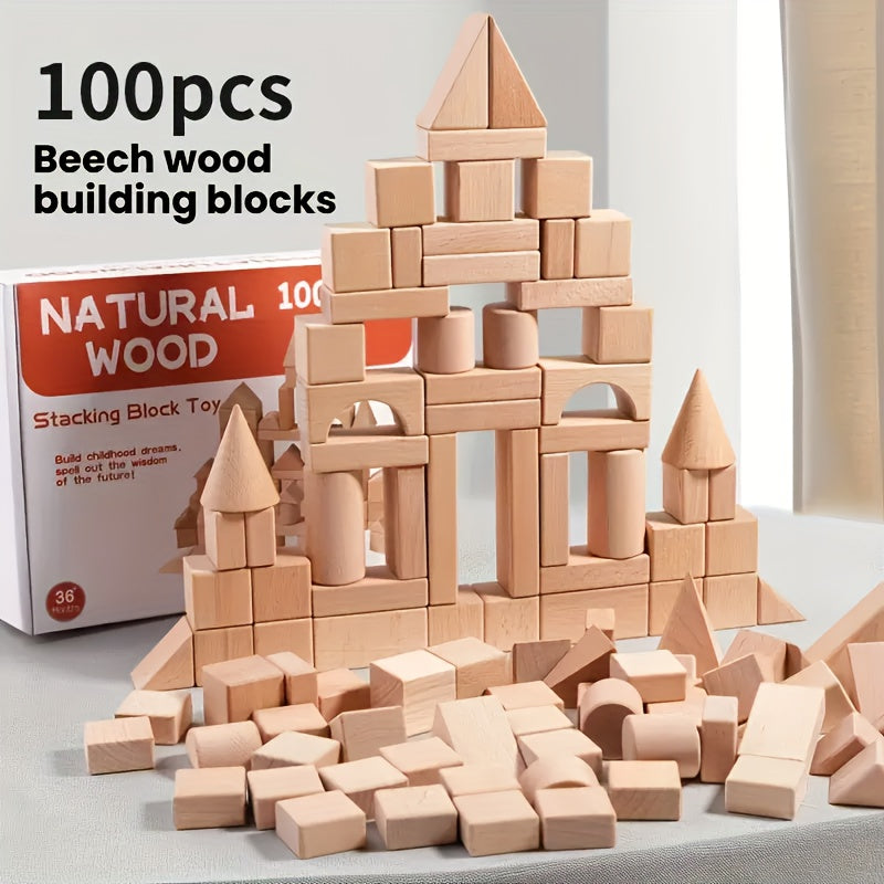 Wooden Building Blocks for Kids 100 Piece Solid Beech Wood Set – Unpainted Natural Stacking Blocks Ages 3-12, STEM Logical Thinking Educational Toy, Montessori Castle Puzzle Gift Boys Girls