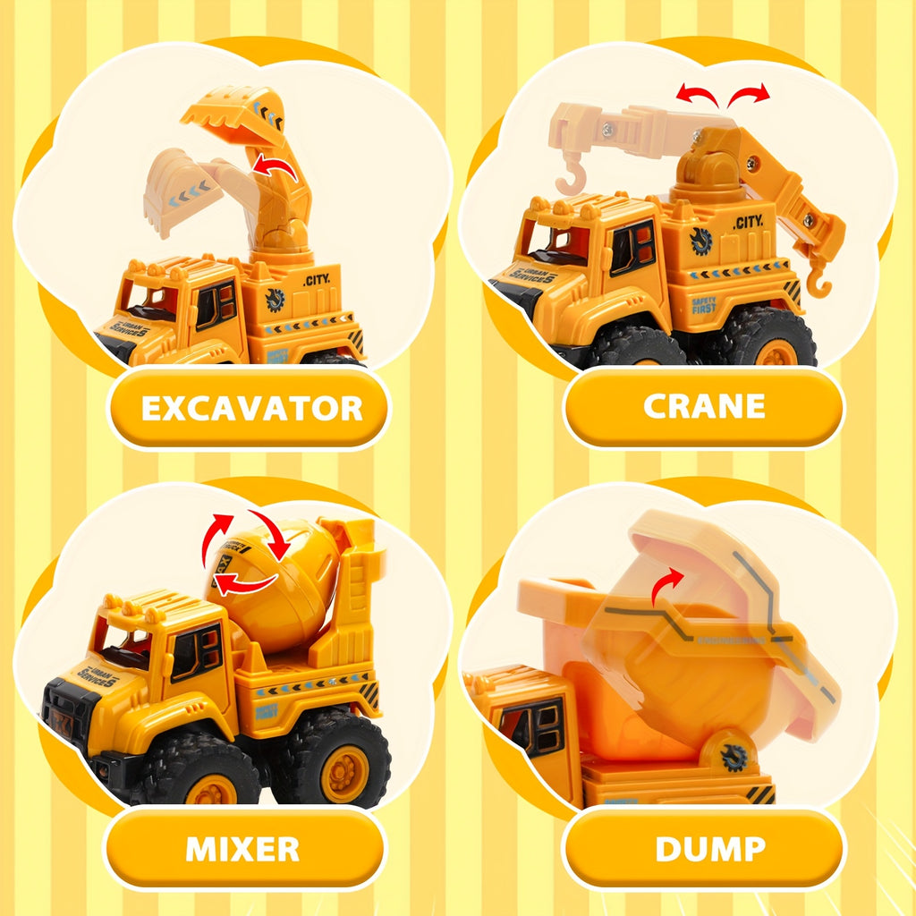 4-Piece STEM Construction Toy Vehicle Kit Excavator Dump Truck Crane Cement Mixer Sandbox Toy for Kids Ages 3+ Hands-On Learning Halloween Christmas Gift