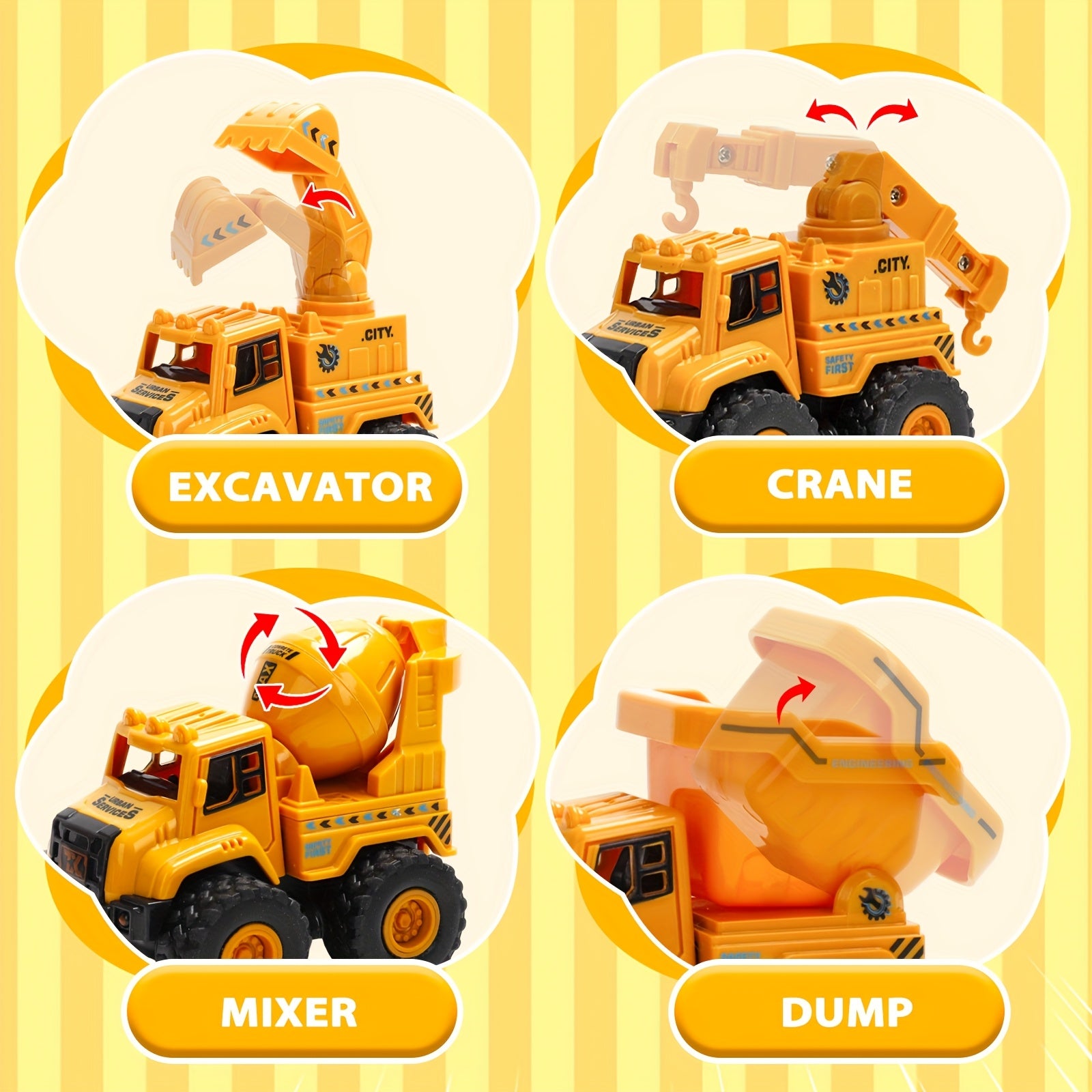 4-Piece STEM Construction Toy Vehicle Kit Excavator Dump Truck Crane Cement Mixer Sandbox Toy for Kids Ages 3+ Hands-On Learning Halloween Christmas Gift
