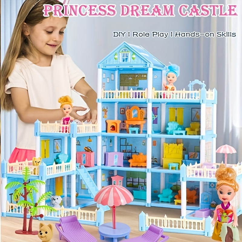 Dollhouse Princess Castle with Furniture – 11 to 27 Room Doll Villa Play Set for Girls Logical Thinking Toy Birthday Christmas Gift Kids Ages 3+ Pink Blue