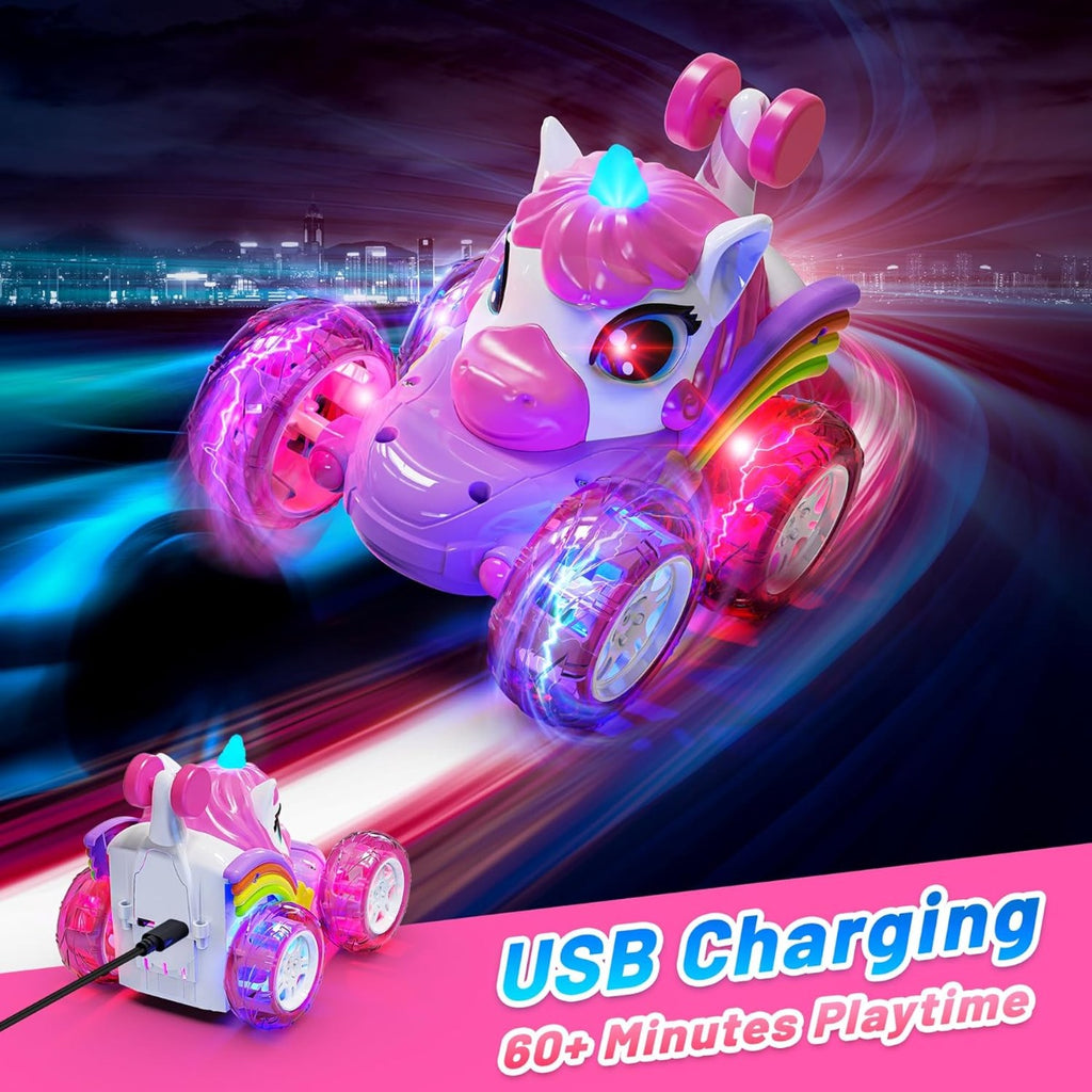 Unicorn RC Car for Girls 360 Degree Stunt Remote Control Car 4WD Rechargeable LED Lights Indoor Outdoor Toy Kids Halloween Christmas Birthday New Year Gift