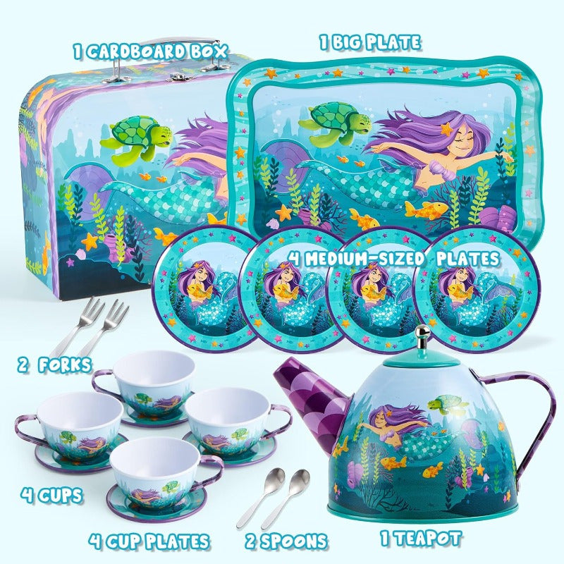 Mermaid Tea Party Set for Kids 35 Pcs Pretend Play Tin Teapot Set with Desserts 3-Tier Cake Stand Carrying Case Princess Tea Time Birthday Easter Christmas Gift